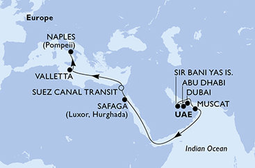 Spojené arabské emiráty, Omán, Egypt, Malta, Itálie z Dubaje na lodi MSC World Europa