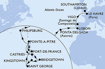 Martinik, Guadeloupe, Svatá Lucie, Barbados, Svatý Vincenc a Grenadiny, Grenada, Svatý Martin, Portugalsko, Španělsko, Francie, Velká Británie z Fort-de-France na lodi MSC Meraviglia