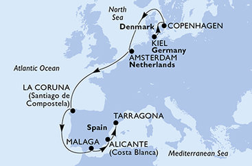 Německo, Dánsko, Nizozemsko, Španělsko z Kielu na lodi MSC Euribia
