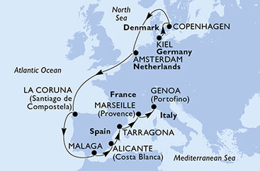Německo, Dánsko, Nizozemsko, Španělsko, Francie, Itálie z Kielu na lodi MSC Euribia