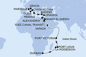 Itálie, Francie, Řecko, Kypr, Egypt, Seychely, Mauricius, Reunion, Jihoafrická republika z Janova na lodi MSC Sinfonia