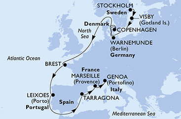 Švédsko, Dánsko, Německo, Francie, Portugalsko, Španělsko, Itálie ze Stockholmu na lodi MSC Magnifica