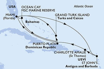 USA, Bahamy, Dominikánská republika, Zámořské území Velké Británie, Antigua a Barbuda z Miami na lodi MSC Seashore