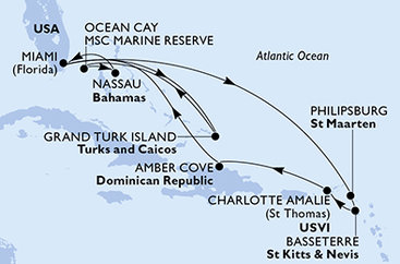 USA, Svatý Martin, Svatý Kryštof a Nevis, Dominikánská republika, Zámořské území Velké Británie, Bahamy z Miami na lodi MSC Seashore