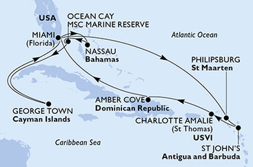 USA, Svatý Martin, Antigua a Barbuda, Dominikánská republika, Bahamy, Kajmanské ostrovy z Miami na lodi MSC Seashore