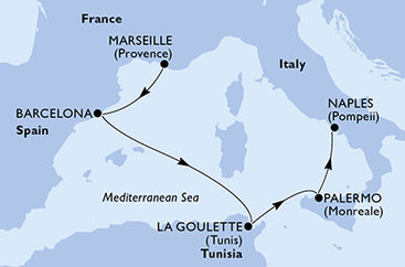 Francie, Španělsko, Tunisko, Itálie z Marseille na lodi MSC Meraviglia