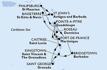 Martinik, Guadeloupe, Barbados, Svatý Vincenc a Grenadiny, Grenada, Svatá Lucie, Svatý Martin, Antigua a Barbuda, Svatý Kryštof a Nevis, Dominika z Fort-de-France na lodi MSC World Europa