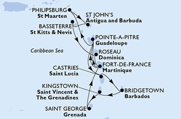 Martinik, Guadeloupe, Svatý Martin, Antigua a Barbuda, Svatý Kryštof a Nevis, Dominika, Svatá Lucie, Barbados, Svatý Vincenc a Grenadiny, Grenada z Fort-de-France na lodi MSC World Europa