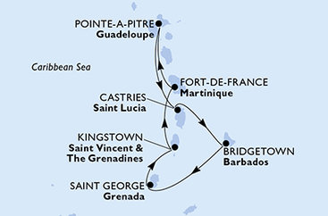 Guadeloupe, Svatá Lucie, Barbados, Grenada, Svatý Vincenc a Grenadiny, Martinik z Pointe-à-Pitre na lodi MSC World Europa