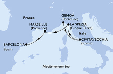 Itálie, Francie, Španělsko z Janova na lodi MSC World Europa