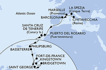 Itálie, Francie, Španělsko, Svatý Martin, Svatý Kryštof a Nevis, Svatý Vincenc a Grenadiny, Barbados, Grenada, Martinik z Civitavecchia na lodi MSC World Europa
