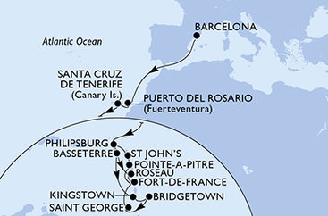 Španělsko, Svatý Martin, Svatý Kryštof a Nevis, Svatý Vincenc a Grenadiny, Barbados, Grenada, Martinik, Guadeloupe, Antigua a Barbuda, Dominika z Barcelony na lodi MSC World Europa