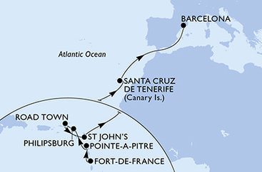 Martinik, Guadeloupe, Svatý Martin, Britské Panenské ostrovy, Antigua a Barbuda, Španělsko z Fort-de-France na lodi MSC World Europa