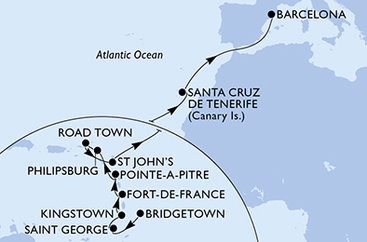 Barbados, Grenada, Svatý Vincenc a Grenadiny, Martinik, Guadeloupe, Svatý Martin, Britské Panenské ostrovy, Antigua a Barbuda, Španělsko z Bridgetownu na lodi MSC World Europa
