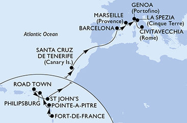 Martinik, Guadeloupe, Svatý Martin, Britské Panenské ostrovy, Antigua a Barbuda, Španělsko, Francie, Itálie z Fort-de-France na lodi MSC World Europa