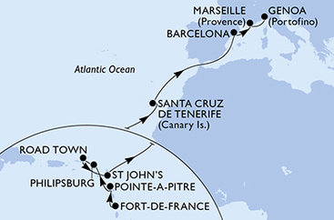 Martinik, Guadeloupe, Svatý Martin, Britské Panenské ostrovy, Antigua a Barbuda, Španělsko, Francie, Itálie z Fort-de-France na lodi MSC World Europa