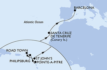 Guadeloupe, Svatý Martin, Britské Panenské ostrovy, Antigua a Barbuda, Španělsko z Pointe-à-Pitre na lodi MSC World Europa