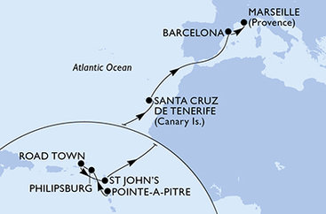 Guadeloupe, Svatý Martin, Britské Panenské ostrovy, Antigua a Barbuda, Španělsko, Francie z Pointe-à-Pitre na lodi MSC World Europa