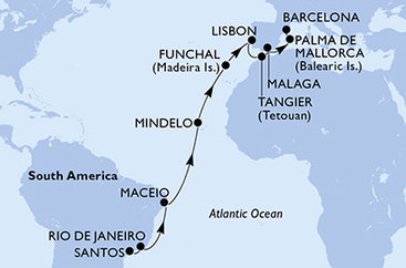 Brazílie, Kapverdy, Portugalsko, Maroko, Španělsko ze Santosu na lodi MSC Seaview