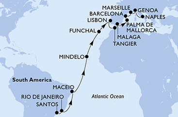 Brazílie, Kapverdy, Portugalsko, Maroko, Španělsko, Francie, Itálie ze Santosu na lodi MSC Seaview