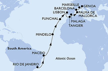 Brazílie, Kapverdy, Portugalsko, Maroko, Španělsko, Francie, Itálie z Rio de Janeira na lodi MSC Seaview