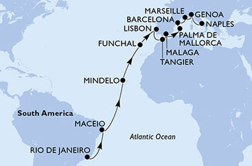 Brazílie, Kapverdy, Portugalsko, Maroko, Španělsko, Francie, Itálie z Rio de Janeira na lodi MSC Seaview