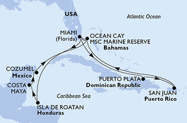 USA, Honduras, Mexiko, Bahamy, Dominikánská republika z Miami na lodi MSC World America