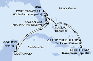 USA, Bahamy, Mexiko, Zámořské území Velké Británie, Dominikánská republika z Port Canaveralu na lodi MSC World Atlantic