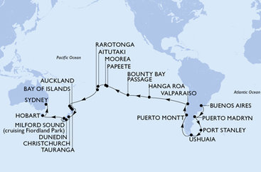 Argentina, Zámořské území Velké Británie, Chile, Francouzská Polynésie, Cookovy ostrovy, Nový Zéland, Austrálie z Buenos Aires na lodi MSC Magnifica