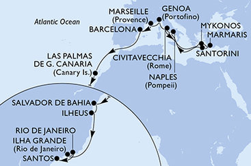 Itálie, Řecko, Turecko, Francie, Španělsko, Brazílie z Civitavecchia na lodi MSC Divina