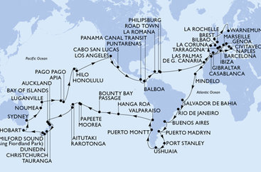 Itálie, Francie, Španělsko, Velká Británie, Maroko, Kapverdy, Brazílie, Argentina, Zámořské území Velké Británie, Chile, Francouzská Polynésie, Cookovy ostrovy, Nový Zéland, Austrálie, Nová Kaledonie, Vanuatu, Samoa, Americká Samoa, USA, Mexiko, Kostarika, , Panama, Dominikánská republika, Britské Panenské ostrovy, Svatý Martin, Německo z Janova na lodi MSC Magnifica