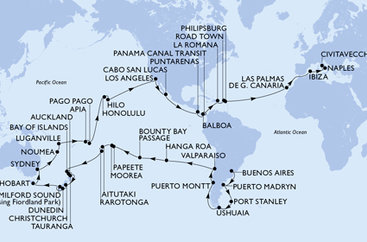 Argentina, Zámořské území Velké Británie, Chile, Francouzská Polynésie, Cookovy ostrovy, Nový Zéland, Austrálie, Nová Kaledonie, Vanuatu, Samoa, Americká Samoa, USA, Mexiko, Kostarika, , Panama, Dominikánská republika, Britské Panenské ostrovy, Svatý Martin, Španělsko, Itálie z Buenos Aires na lodi MSC Magnifica