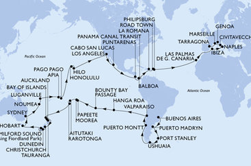 Argentina, Zámořské území Velké Británie, Chile, Francouzská Polynésie, Cookovy ostrovy, Nový Zéland, Austrálie, Nová Kaledonie, Vanuatu, Samoa, Americká Samoa, USA, Mexiko, Kostarika, , Panama, Dominikánská republika, Britské Panenské ostrovy, Svatý Martin, Španělsko, Itálie, Francie z Buenos Aires na lodi MSC Magnifica