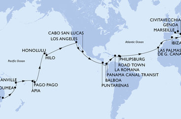 Austrálie, Nová Kaledonie, Vanuatu, Samoa, Americká Samoa, USA, Mexiko, Kostarika, , Panama, Dominikánská republika, Britské Panenské ostrovy, Svatý Martin, Španělsko, Itálie, Francie ze Sydney na lodi MSC Magnifica