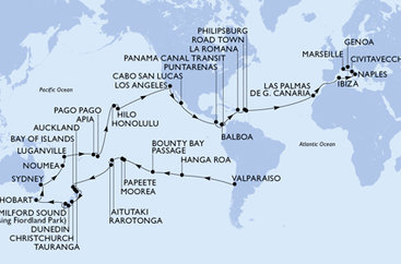 Chile, Zámořské území Velké Británie, Francouzská Polynésie, Cookovy ostrovy, Nový Zéland, Austrálie, Nová Kaledonie, Vanuatu, Samoa, Americká Samoa, USA, Mexiko, Kostarika, , Panama, Dominikánská republika, Britské Panenské ostrovy, Svatý Martin, Španělsko, Itálie, Francie z Valparaisa na lodi MSC Magnifica