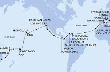 Austrálie, Nová Kaledonie, Vanuatu, Samoa, Americká Samoa, USA, Mexiko, Kostarika, , Panama, Dominikánská republika, Britské Panenské ostrovy, Svatý Martin, Španělsko, Itálie, Francie ze Sydney na lodi MSC Magnifica