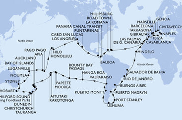 Španělsko, Velká Británie, Maroko, Kapverdy, Brazílie, Argentina, Zámořské území Velké Británie, Chile, Francouzská Polynésie, Cookovy ostrovy, Nový Zéland, Austrálie, Nová Kaledonie, Vanuatu, Samoa, Americká Samoa, USA, Mexiko, Kostarika, , Panama, Dominikánská republika, Britské Panenské ostrovy, Svatý Martin, Itálie, Francie z Barcelony na lodi MSC Magnifica