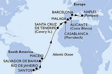 Brazílie, Španělsko, Maroko, Itálie ze Santosu na lodi MSC Divina