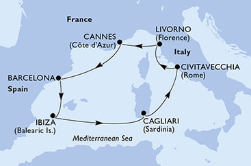 Itálie, Francie, Španělsko z Cagliari na lodi MSC Fantasia