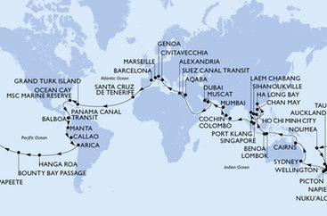 Itálie, Francie, Španělsko, Zámořské území Velké Británie, Bahamy, Panama, , Ekvádor, Peru, Chile, Francouzská Polynésie, Tonga, Nová Kaledonie, Nový Zéland, Austrálie, Indonésie, Vietnam, Thajsko, Kambodža, Singapur, Malajsie, Srí Lanka, Indie, Spojené arabské emiráty, Omán, Jordánsko, Egypt z Janova na lodi MSC Magnifica