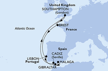 Velká Británie, Francie, Portugalsko, Španělsko ze Southamptonu na lodi MSC Meraviglia