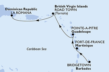 Barbados, Martinik, Guadeloupe, Britské Panenské ostrovy, Dominikánská republika z Bridgetownu na lodi MSC Opera