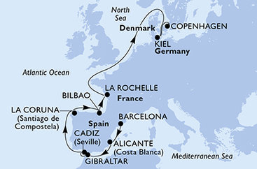 Španělsko, Velká Británie, Francie, Německo, Dánsko z Barcelony na lodi MSC Euribia