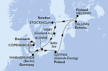 Německo, Polsko, Estonsko, Finsko, Švédsko, Dánsko z Warnemünde na lodi MSC Splendida