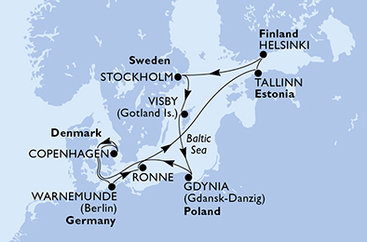 Německo, Dánsko, Estonsko, Finsko, Švédsko, Polsko z Warnemünde na lodi MSC Splendida