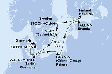 Německo, Polsko, Estonsko, Finsko, Švédsko, Dánsko z Warnemünde na lodi MSC Splendida